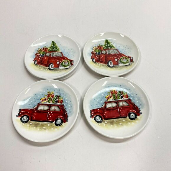 New Maxcera Christmas Side Appetizer Plates Vintage Red Truck Beatle Bug Set 4 - Picture 2 of 7